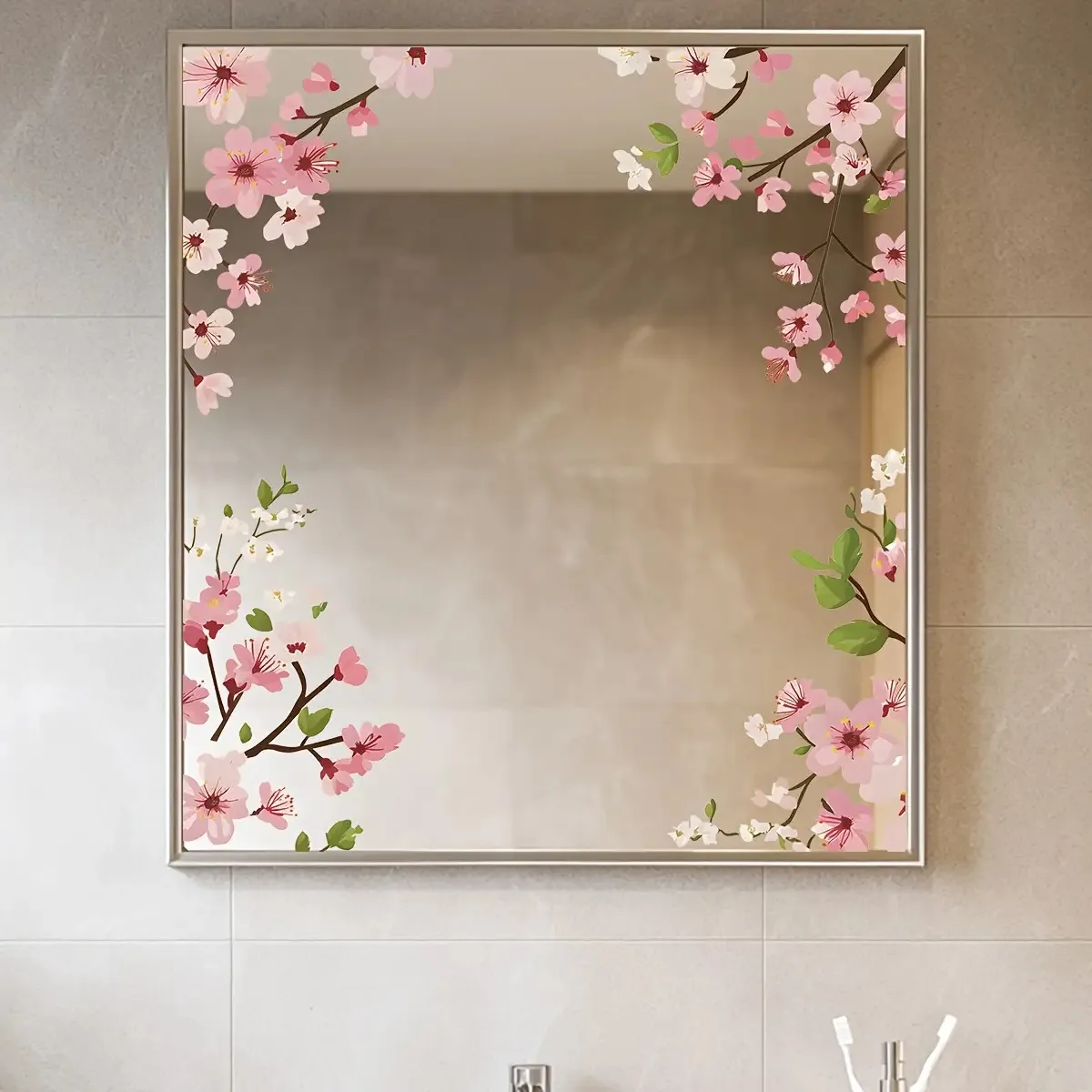 1Pc Pink Peach Blossom Mirror Wall Sticker, Self-Adhesive Pvc Home Decor Sticker, Suitable for Mirrors, Glass, Bedrooms, Living Rooms, Cabinets, Bathrooms, Doors, Windows, and Wall Decals, Easily Create a Warm and Fun Space, a Creative and Thoughtful Gift for Family, Friends, and Loved Ones