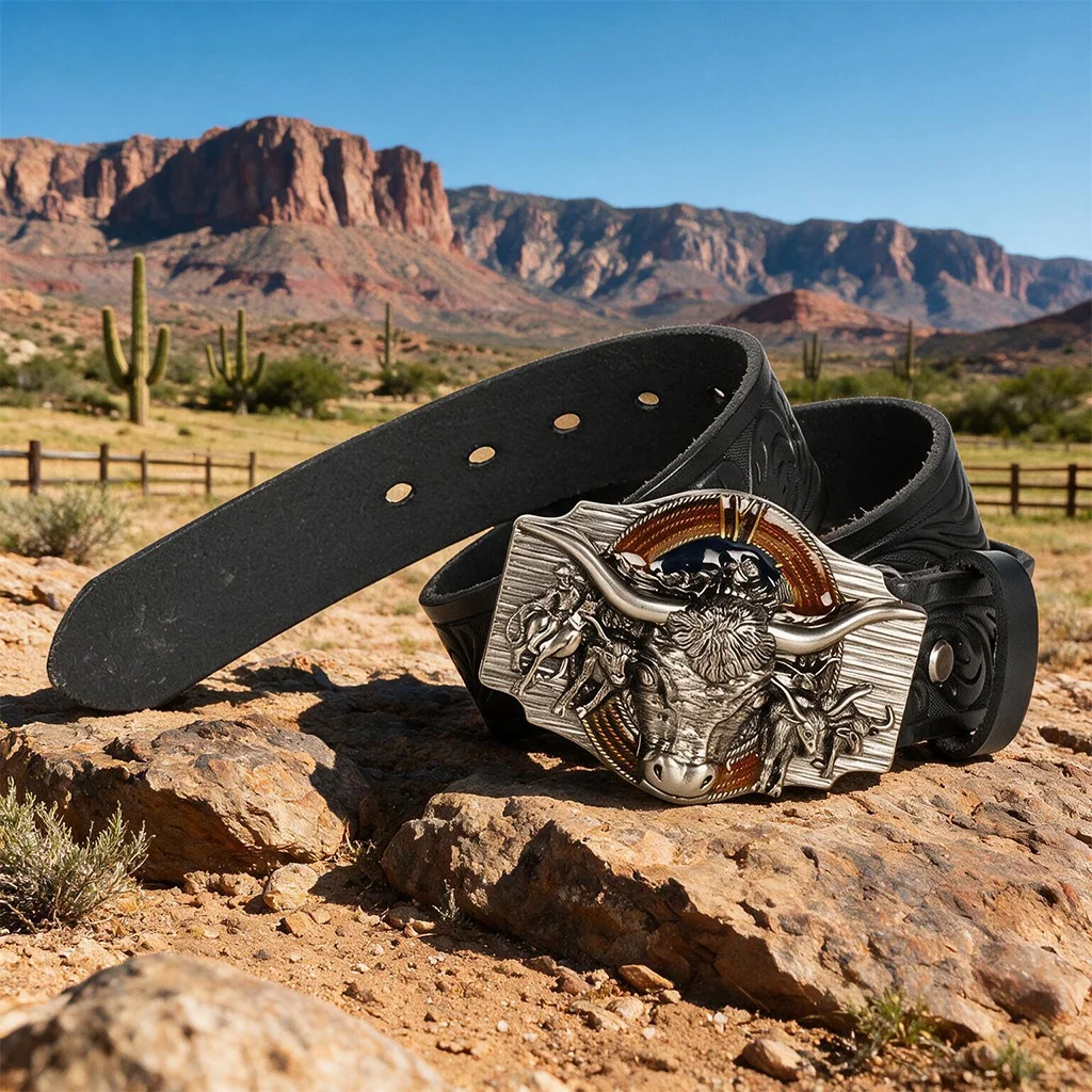 Men’s Full Grain Leather Belt with Ornate Western Scene Irregular Buckle, Raised Longhorn & Cowboy Figures & Carved Strap