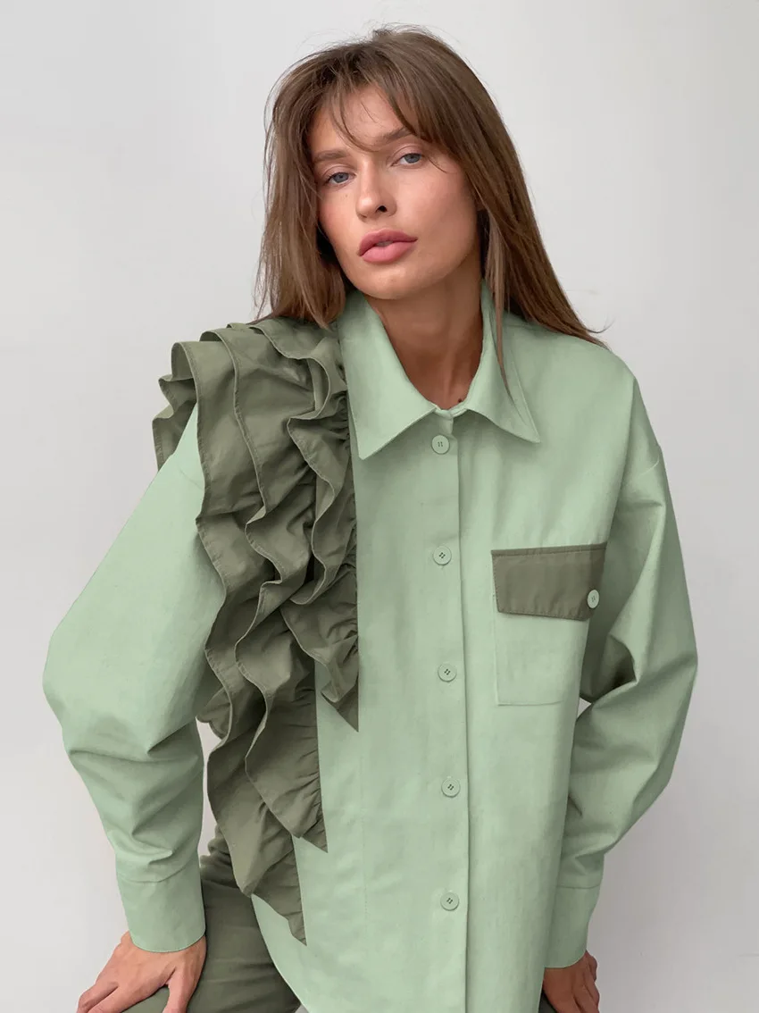 womens fashion 2024 flounce lapel single breasted irregular blouse casual color block loose blouse with pocket
