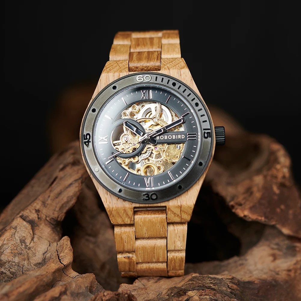 BOBO BIRD-Reloj de pulsera mecánico de madera para hombre, de lujo, con caja de madera elegante, regalo Ideal para el Día del Padre