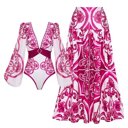 Flaxmaker Classic Women Sexy Bikini Sets Long Sleeves Majolica Series Pattern Print One Piece Swimsuit Skirt Biquini Beachwear