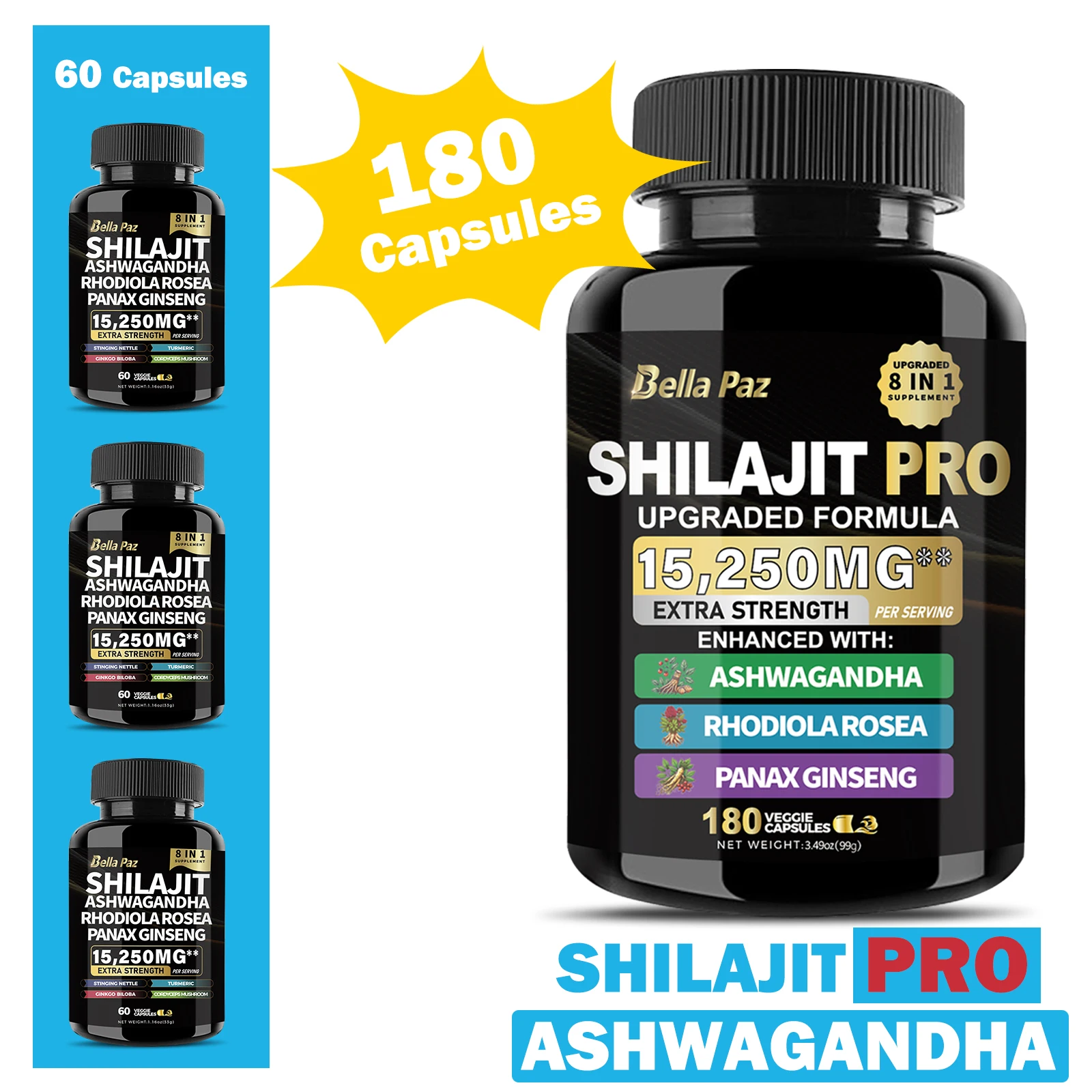 BellaPaz Shilajit Nature's Synergy 8-in-1 Formula: Shilajit, Ashwagandha, Rhodiola & More in One Capsule for Holistic Wellness