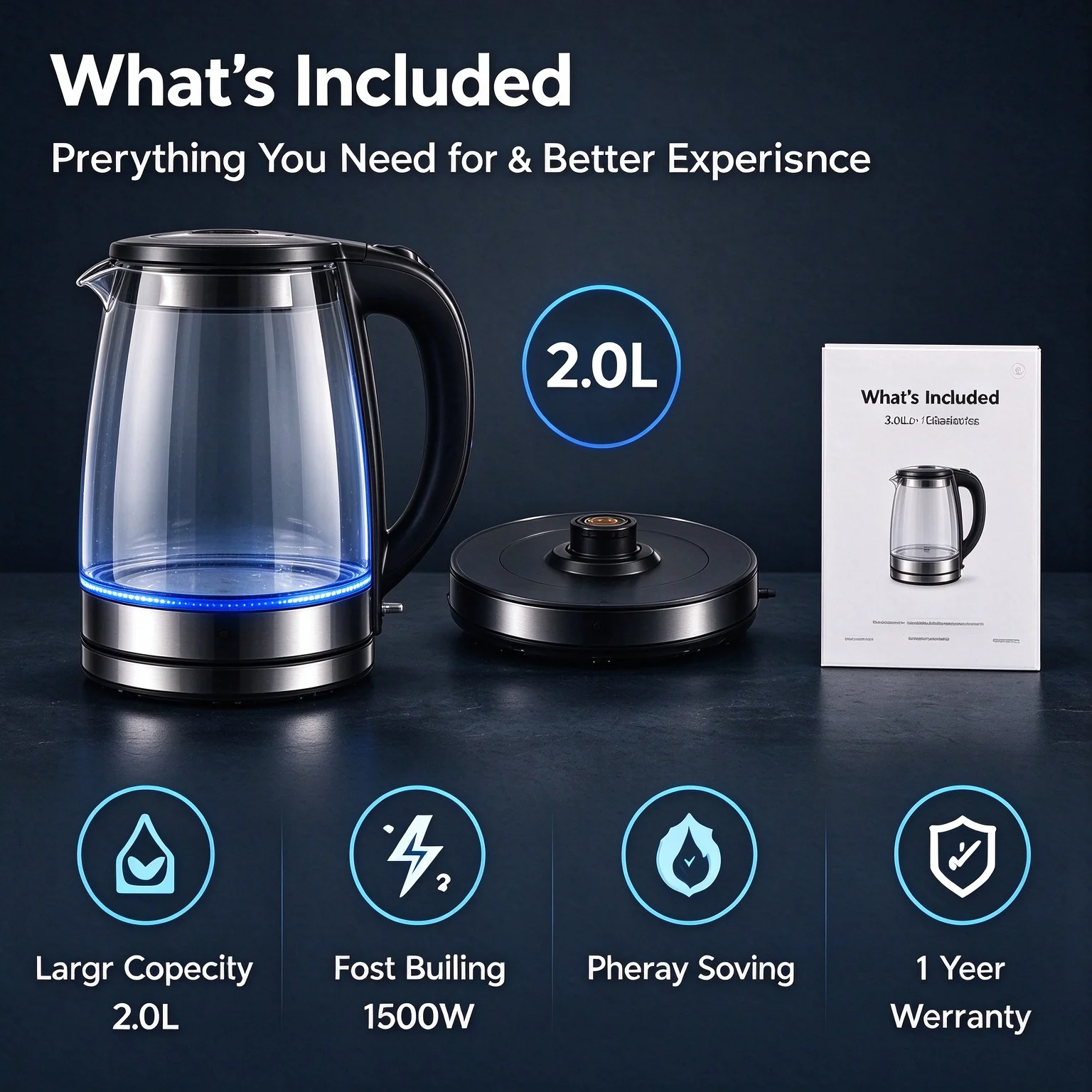 2.0L Glass Electric Kettle, Borosilicate Glass Water Boiler with Blue LED Light, 1500W Fast Boiling, Auto Shut-Off & Boil Dry Protection, Cordless 360° Rotation Base for Home Kitchen