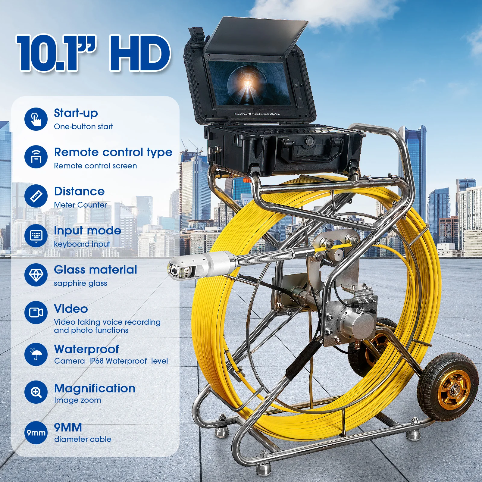 DVR 9mm Cable 360 Degree/180 Degree Rotation Pipe Inspection Camera 20-200M, SYANSPAN 10.1" HD Sewer Camera Industrial Endoscope