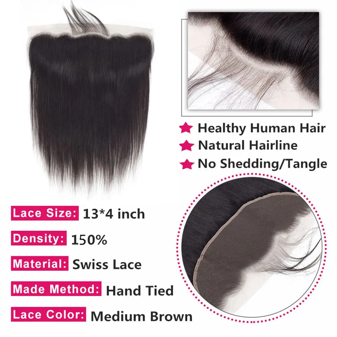 Extensiones de cabello humano Remy liso brasileño para mujeres negras, extensiones de cabello con cierre Frontal de encaje transparente, 13x4