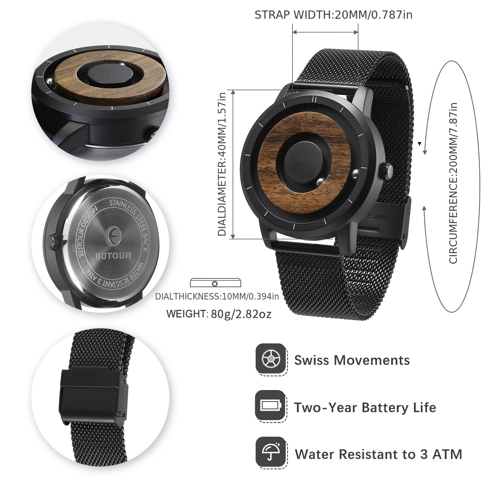 Eutour Originele Magnetische Houten Dial Fashion Casual Quartz Horloge Eenvoudige Heren Horloge Roestvrij Staal Lederen Band