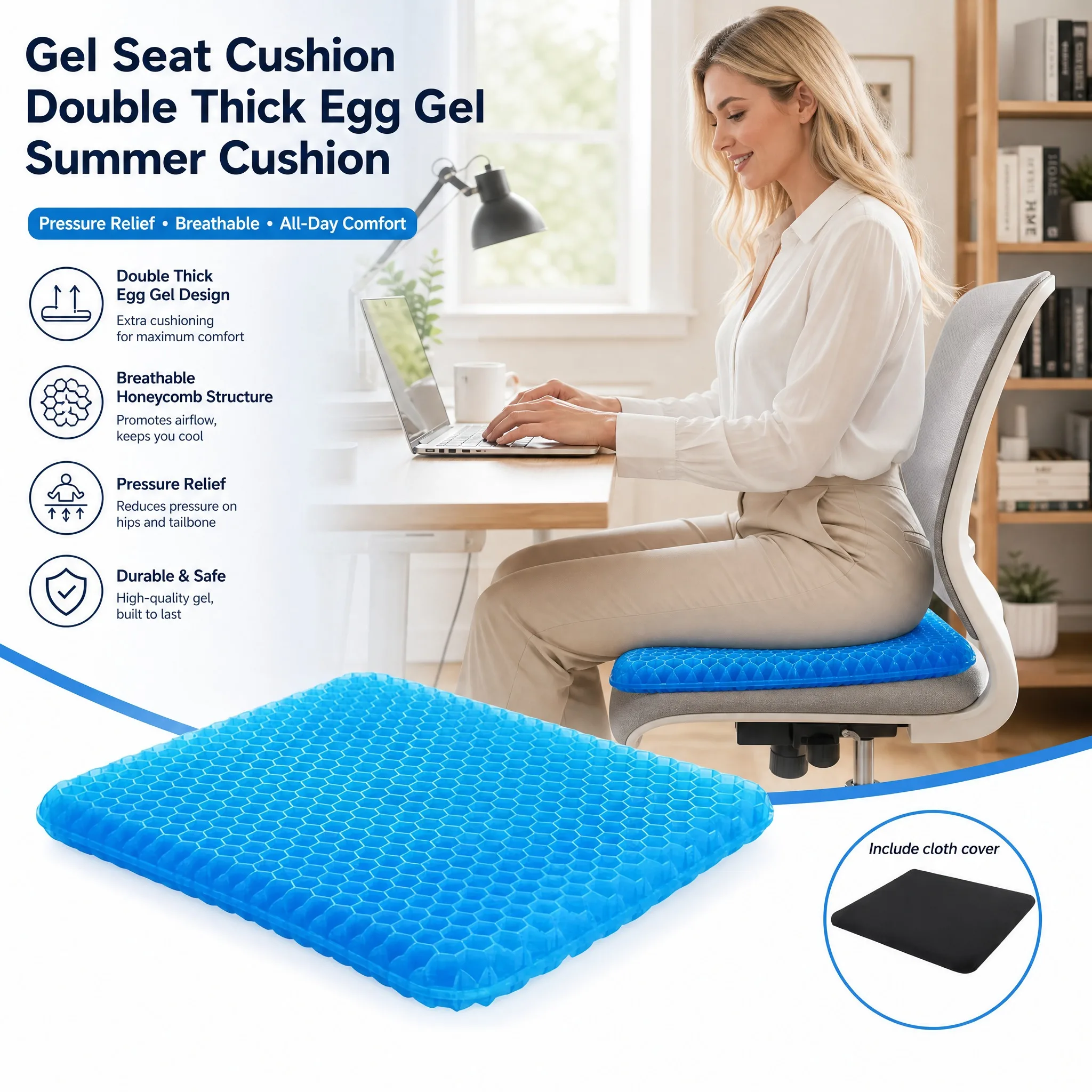 Gel Seat Cushion Double Thick Egg Gel Summer Cushion for Pressure Relief Breathable Chair Pad Car Seat Office Chair Soft Cushion
