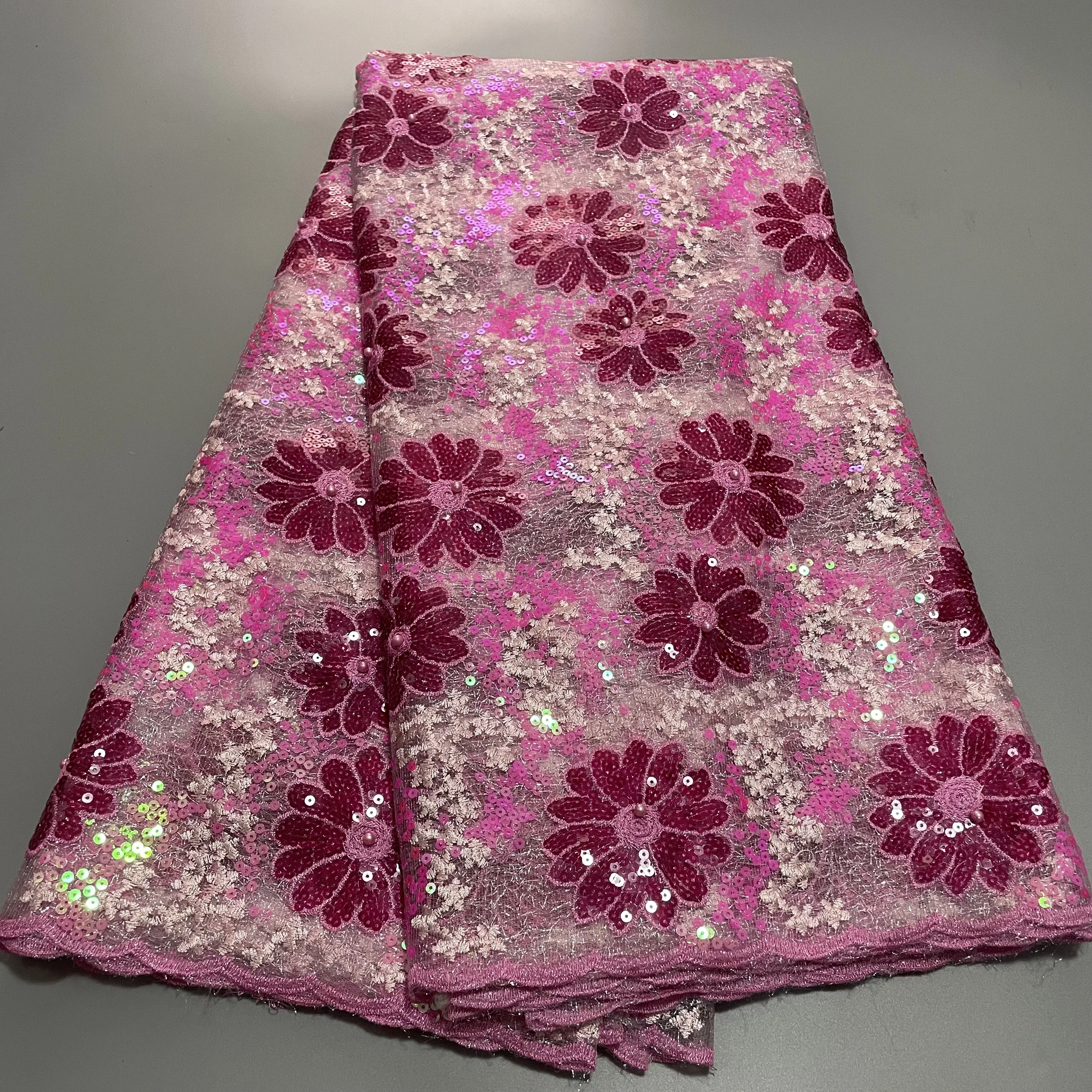 Luxury Nigerian Sequins Pink Lace Fabric High Quality African Guipure French Lace Material 5Yards With 3D Sego Headtie Wrap 2PCS