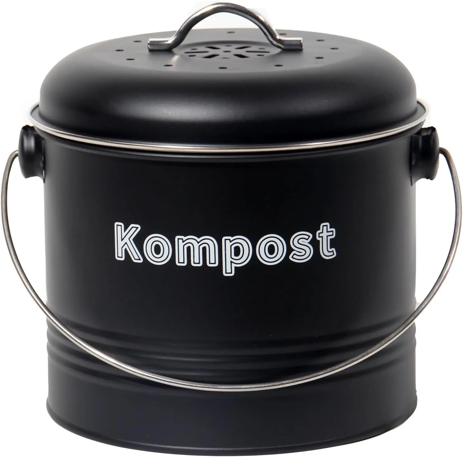 Biomülleimer Küche 3,5 L aus Metall, Kompakter Komposteimer mit Deckel und Aktivkohlefilter, Schwarzer Bioabfalleimer mit Tragegriff im Retro-Design