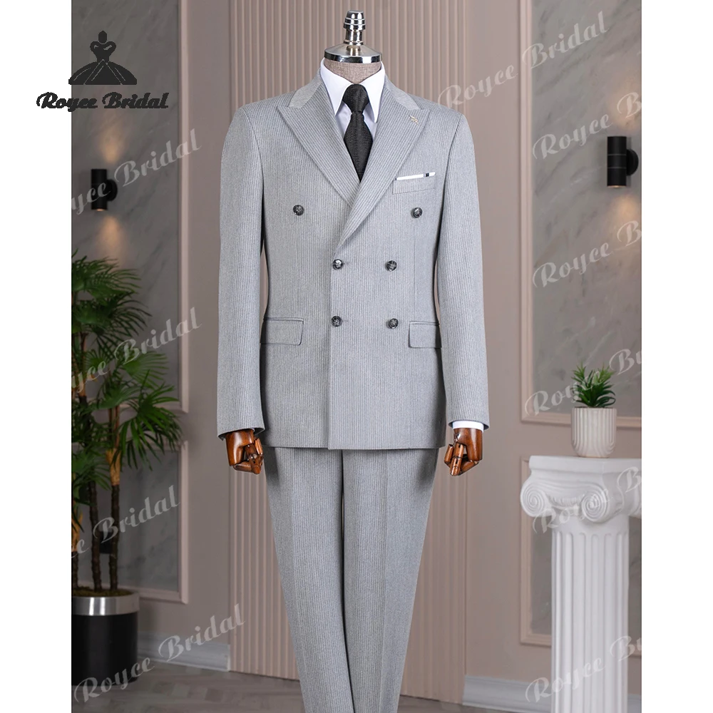 Abito da uomo a due pezzi con risvolto a punta a righe grigie Matrimonio 2026 Abito da sera doppio petto da sera Abiti personalizzati para hombre