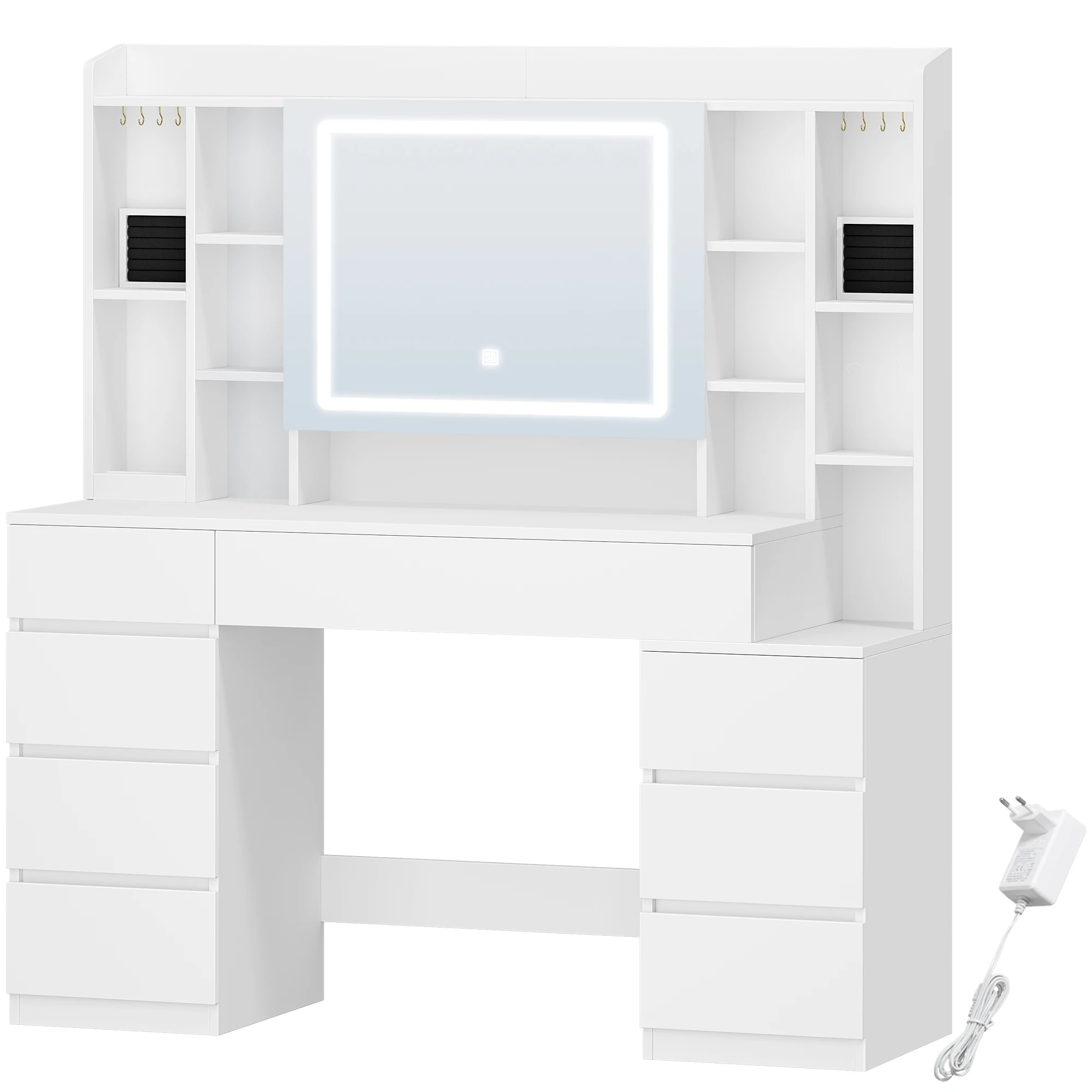 Kaptafel van 120 cm met spiegel, grote spiegel, kaptafel met 8 lades en 11 open vakken, geïntegreerd sieradenblad