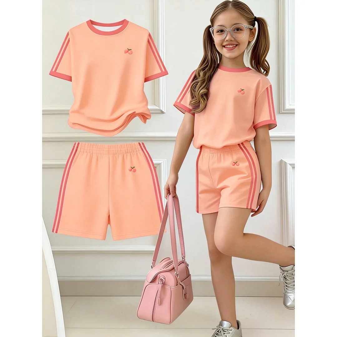 Kinder-Sommer-2-Teiler-Outfit: T-Shirt mit Schleifenstickerei und Streifenmuster, kurzen Ärmeln und Shorts mit elastischem Bund für Mädchen, Sport- und Freizeitkleidung für den Alltag. – Detail 4
