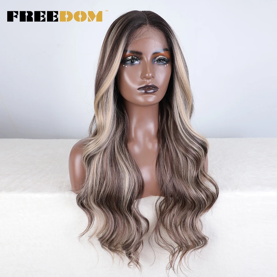 LIBERDADE-perucas sintéticas frente do laço para mulheres, cabelo longo ondulado do corpo, marrom, ombre, loiro, resistente ao calor, cosplay