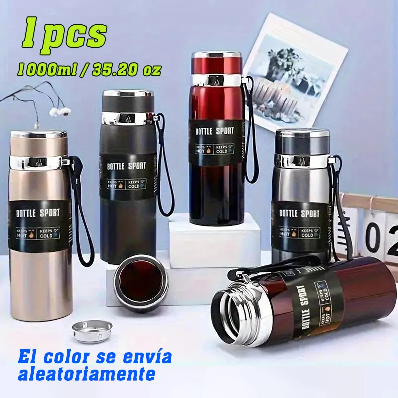 1pcs Termo grande de 1000 ml: termo hermético, mantiene las bebidas calientes o frías durante horas, ideal para camping, viajes, oficina, gimnasio, deportes al aire libre, botella de agua, artículos de moda.