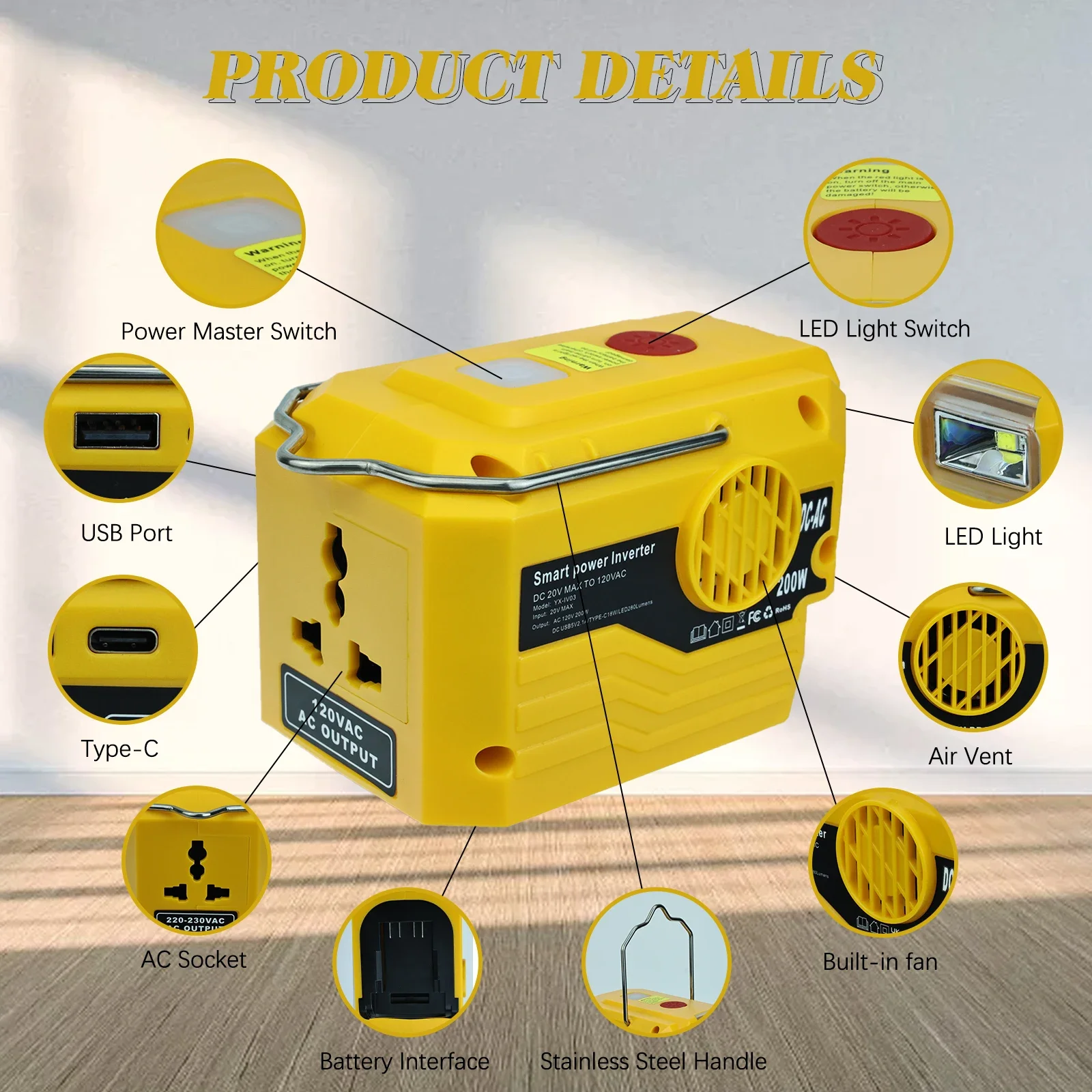 Nuovo aggiornamento Inverter di potenza portatile 120-220V Inverter per batteria al litio Mobile da esterno per batteria Makita/DeWalt/ 18V 20V