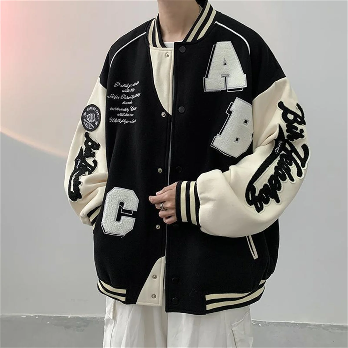 Y2k Lammwoll-Bomberjacke für Damen, Oversized Streetwear für Herren, Ins Hip Hop Harajuku Mode College-Uniform Varsity Baseball-Jacke – Detail 8