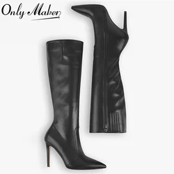 Onlymaker szpiczasty nosek buty do kolan szpilki Stiletto miękkie PU skórzane stado zwięzły boczny zamek błyskawiczny duże rozmiary modne buty