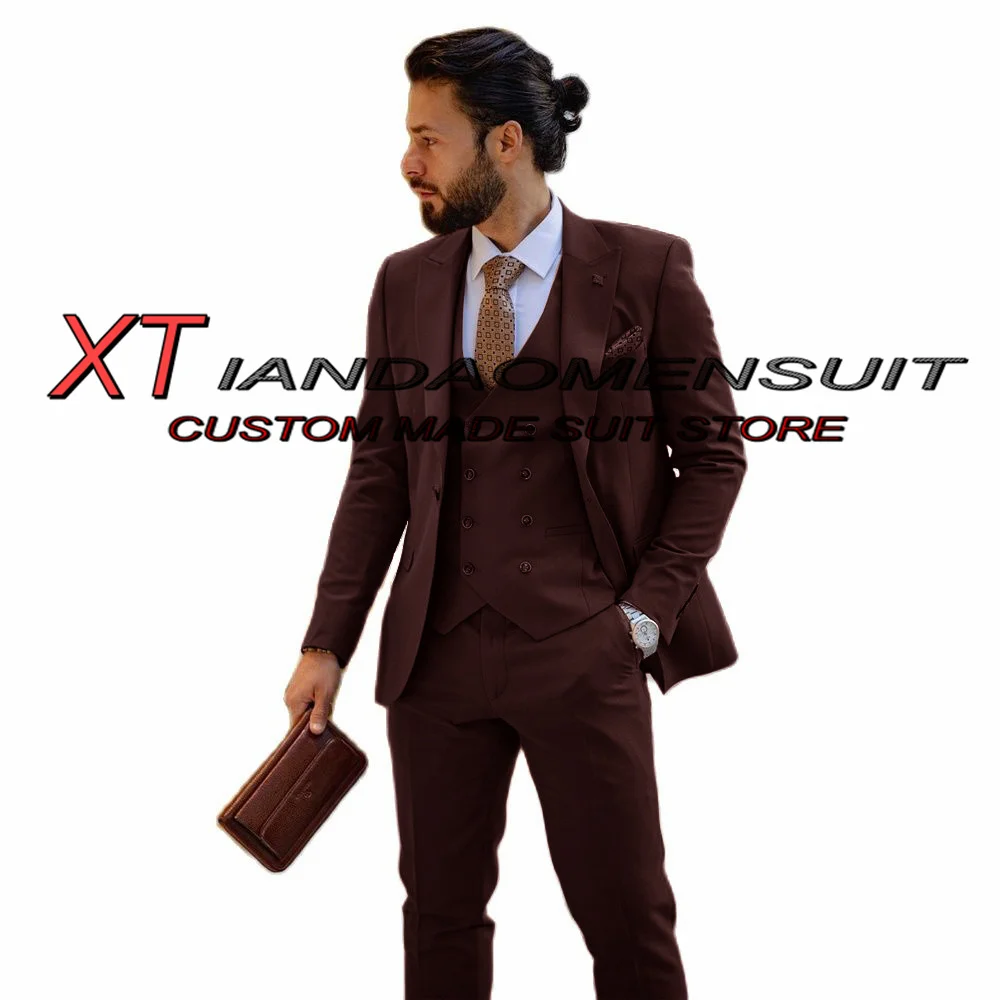 Brown Men\'s Suit 3 Piece Business Formal Workwear Tuxedo Wedding Groom Jacket Pants Vest Male Blazer