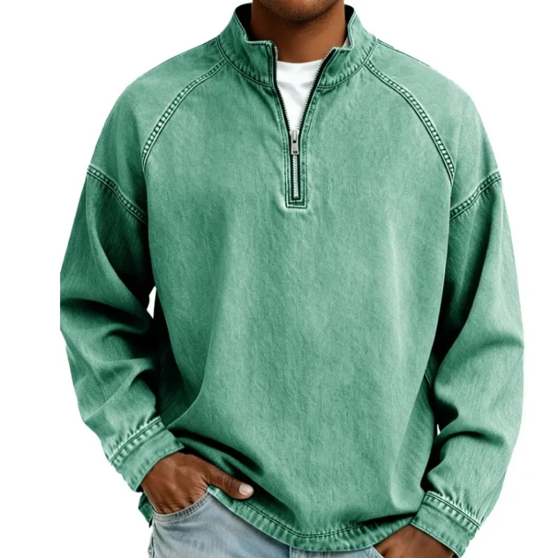 Henley Shirts for Men Quarter Zip Pullover Vintage Distressed Stand Collar Polo Denim Sweat Long Sleeve Sweatshirts Mock Neck view 2