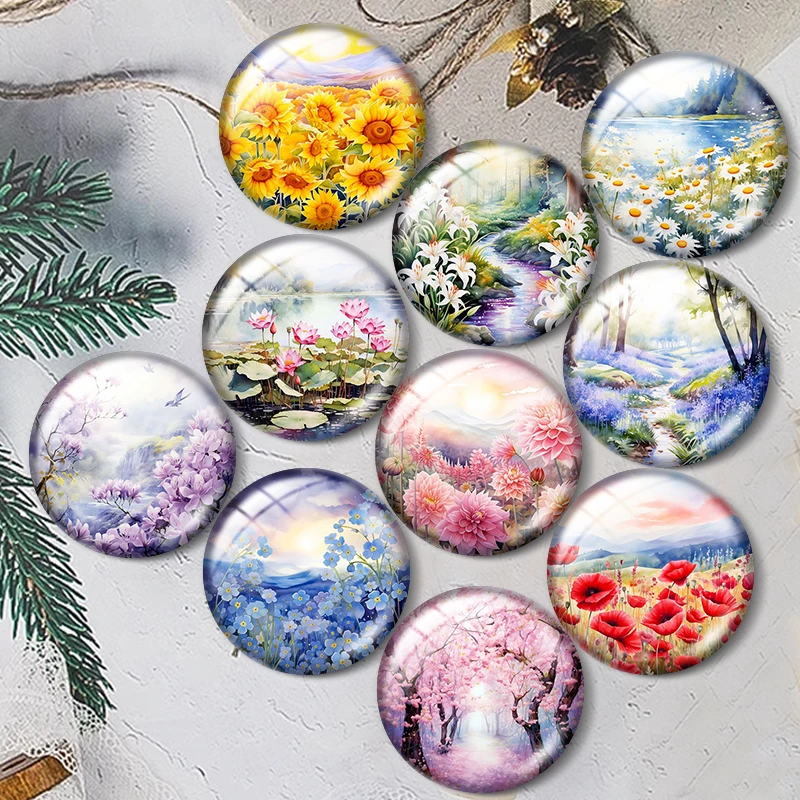 

Watercolor Floral Dreamscapes 10pcs 12mm/25mm/30mm Round photo glass cabochon demo flat backMaking findings