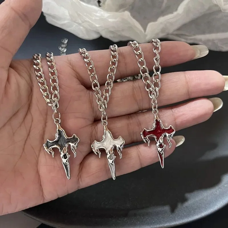 3Pcs Gothic Cross Pendant Necklace Set Multi Color Flame Cross Thick Edge Chain Necklace Men's and Women's Aesthetic Jewelry