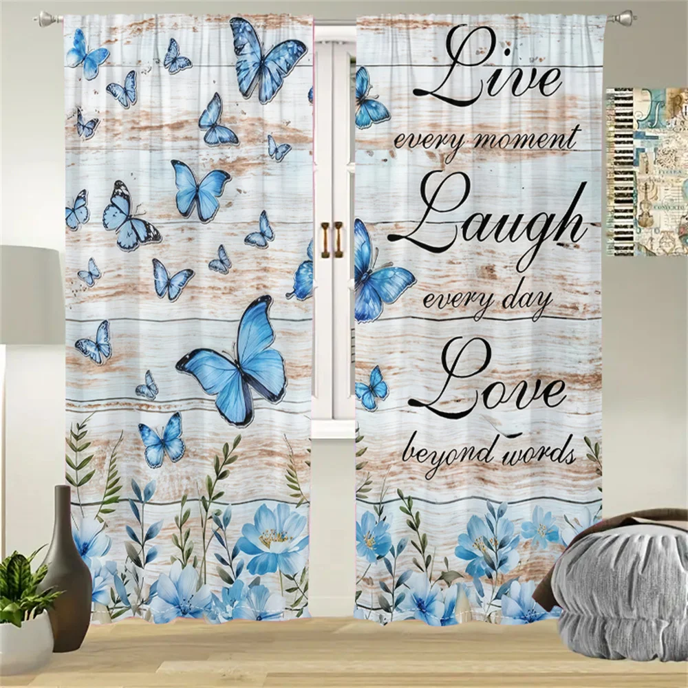 2Pcs Blue Flower Butterfly Curtains Motivational Text Pattern Living Room Bedroom Kids Room Sunshade Country Style Decor Curtain