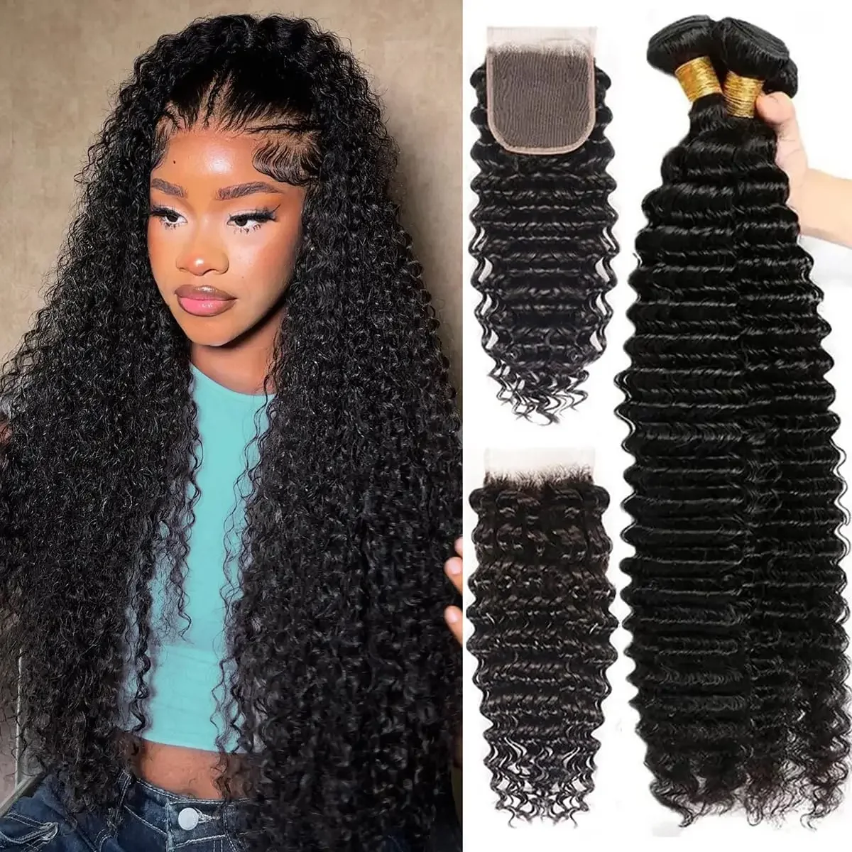 Deep Wave Bundels met Closure Braziliaans Maagdelijk Menselijk Haar 3 Bundels met 4x4 Kant Closure voor Zwarte Vrouwen Natuurlijke Kleur 30 inch - afbeelding 2