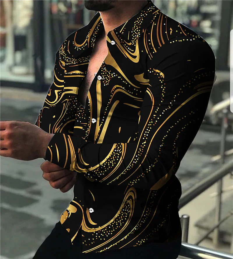 

Fall Spring Fashion Luxury Social Men's Shirts Lapel Button-Up Shirts Casual Dot Gold Pattern Print Long Sleeve Top Men's