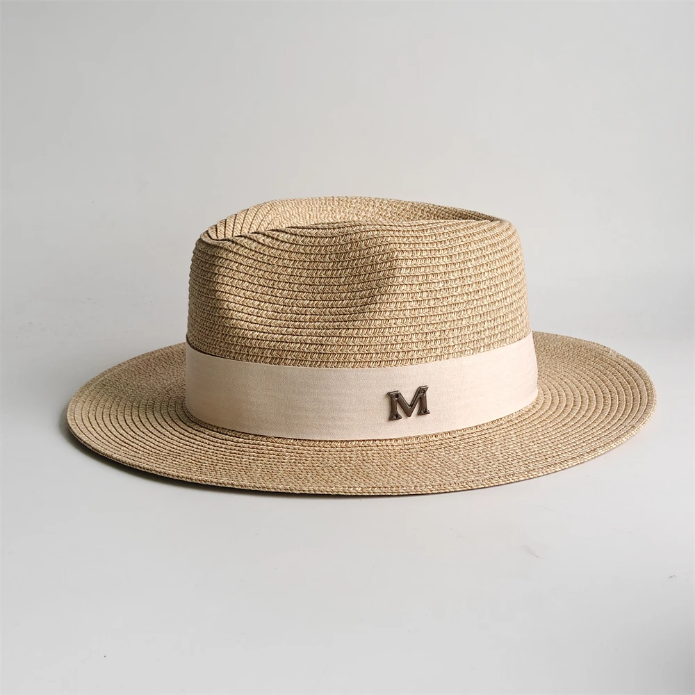 Classic Wide Brim Straw Panama Hat Unisex Summer Sun Cap Luxury Metal M Band Fedora Elegant Beach Visor with Velcro Adjuster view 3