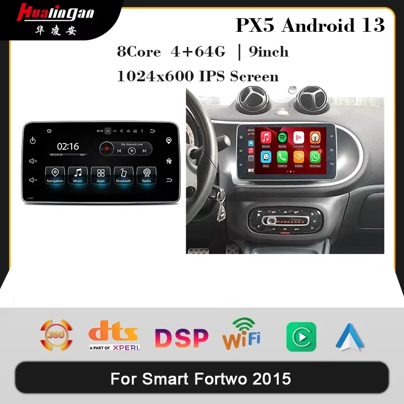 Hualingan Android car radio stereo for Smart Fortwo 2015-2020 9 inch GPS navi wireless wired car-play Android Auto head unit BT