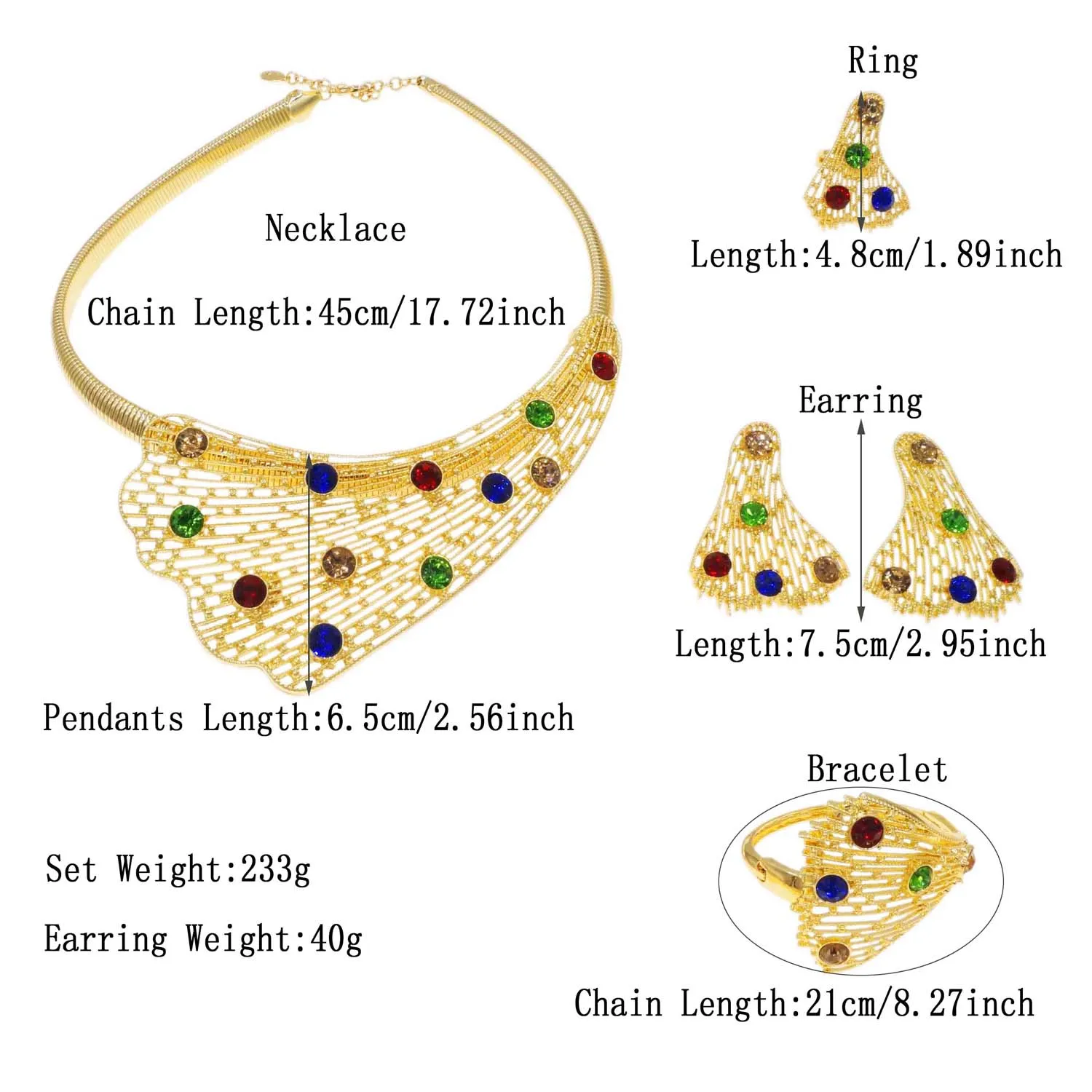 Dubai Gold Plated Jewelry Sets Luxury Colorful Artificial Stone Scallop Necklace Bracelet Earrings Women Party Jewelry Gifts