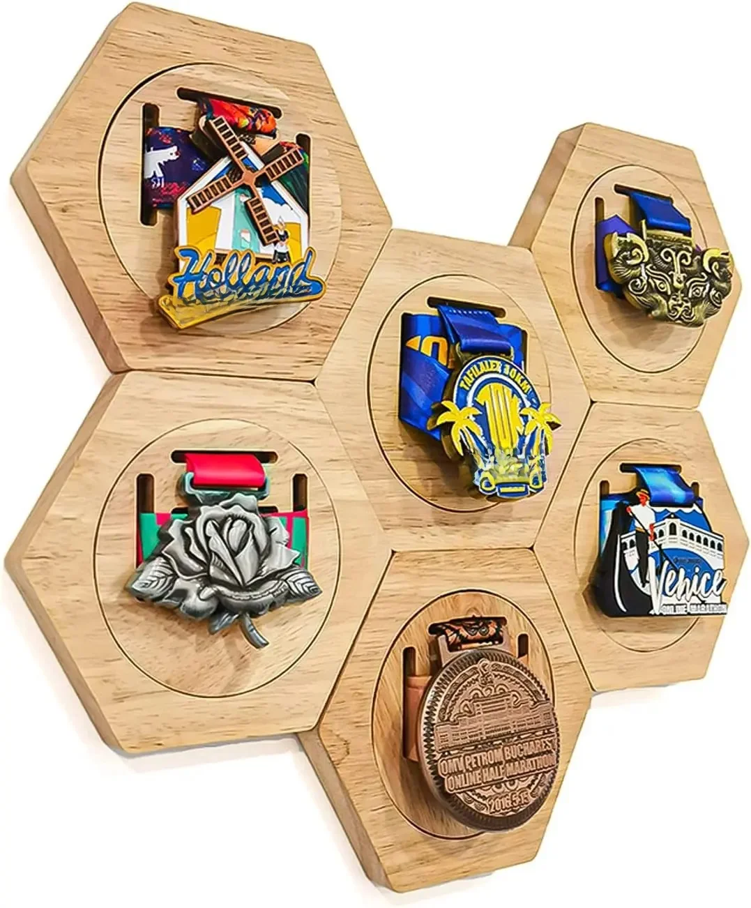 Présentoir de médailles hexagonales en bois, bricolage, cintre de médaille mural en nid d'abeille pour la maison