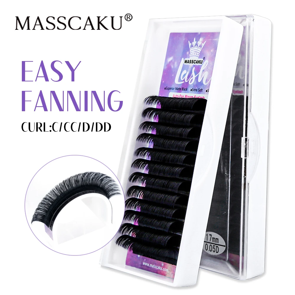 

MASSCAKU Camellia Blooming Volume Eyelash Extension 8-15mm Mix Length Premium Soft Natural Light Easy Fanning Lash Easy to Grip