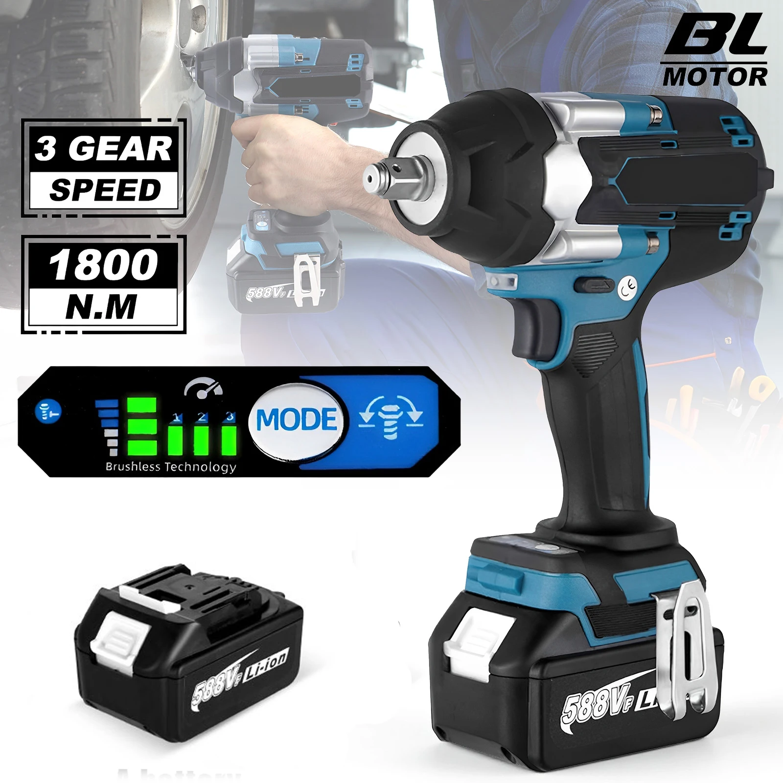 Llave de Impacto Eléctrica Inalámbrica sin Escobillas de 1800N.M con Batería de Iones de Litio de 1/2 Pulgada, Herramientas para Batería Makita de 18V