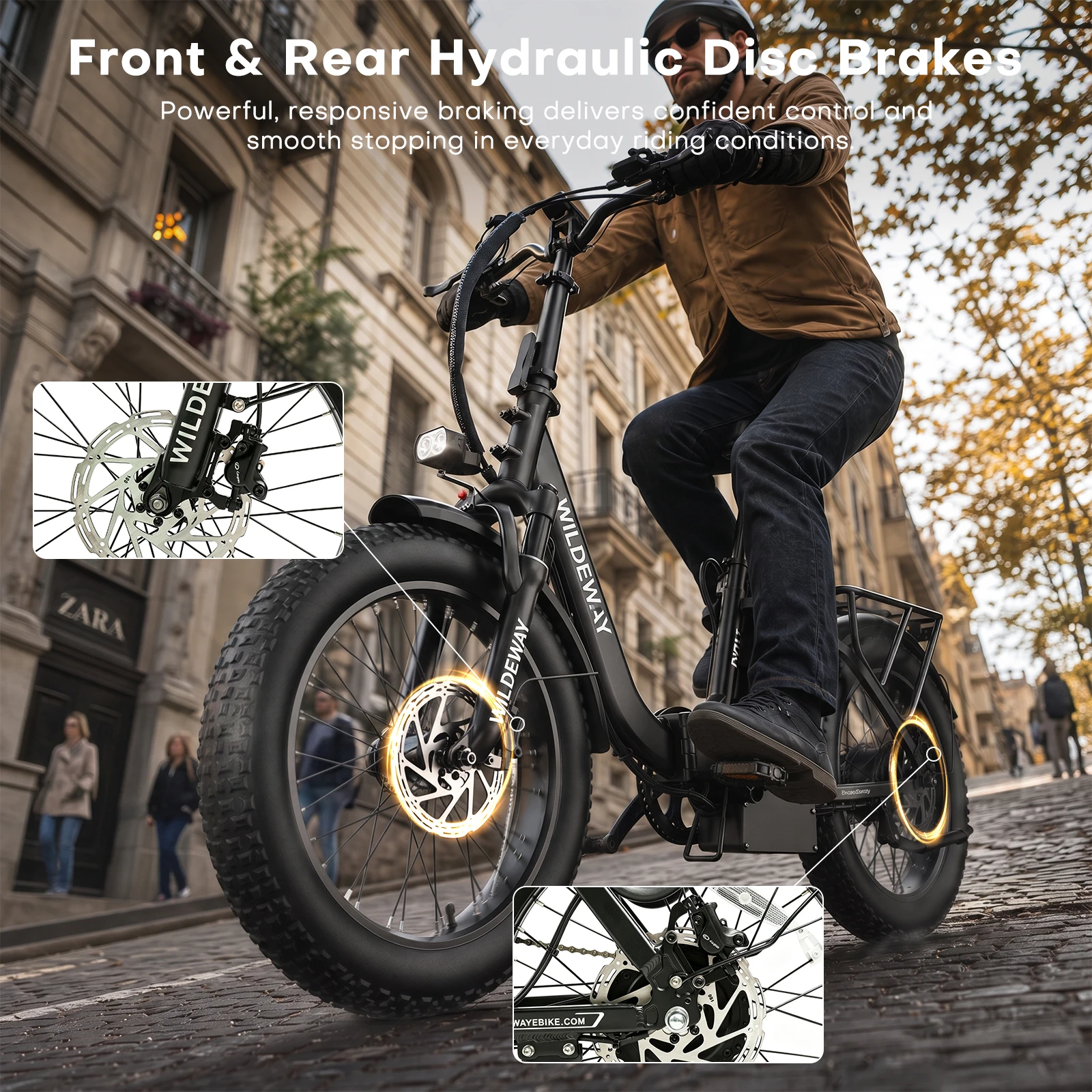 Bicicleta eléctrica Wildeway con batería de gran capacidad de 1680 Wh, 48 V, 35 Ah, 250 W, autonomía de 200 km, neumáticos anchos de 20 x 3,0, frenos de disco hidráulicos y diseño plegable.