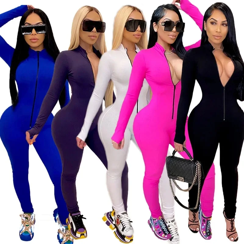 Seksowny jednolity kolor z długim rękawem głębokie V Bodycon pajacyki kombinezon damski kombinezon sportowy moda Zip Up długie spodnie kombinezon zestaw do fitnessu — zdjęcie 2