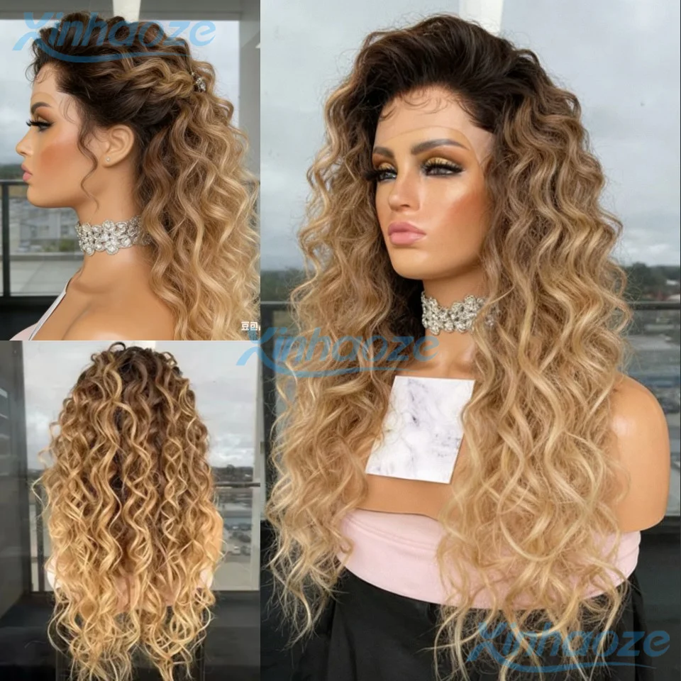 Perruque Lace Front Wig frisée naturelle, cheveux humains, blond miel ombré, 13x4, 13x6, pre-plucked, transparent, HD