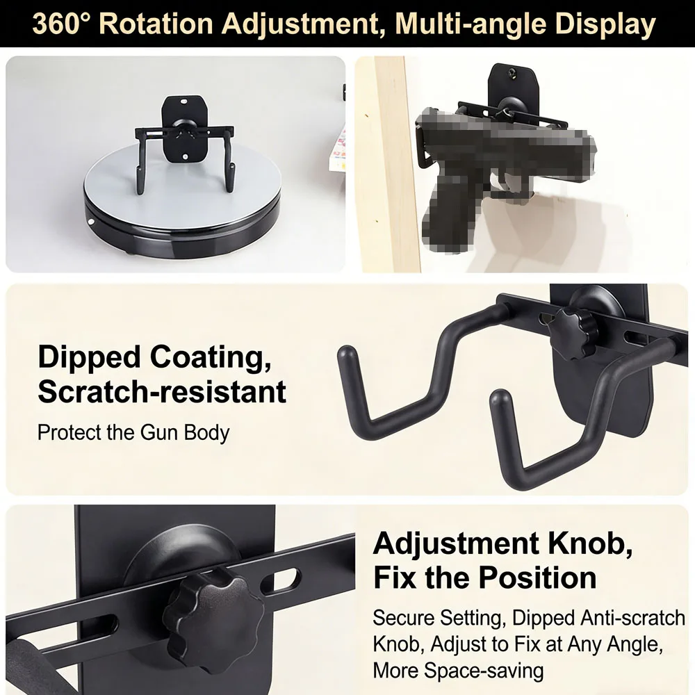 Tactical Pistol Wall Mount Rack Slat Wall Gun Rack 360 Degree Adjustable Handgun Display Holder for Most Pistol Revolver Display