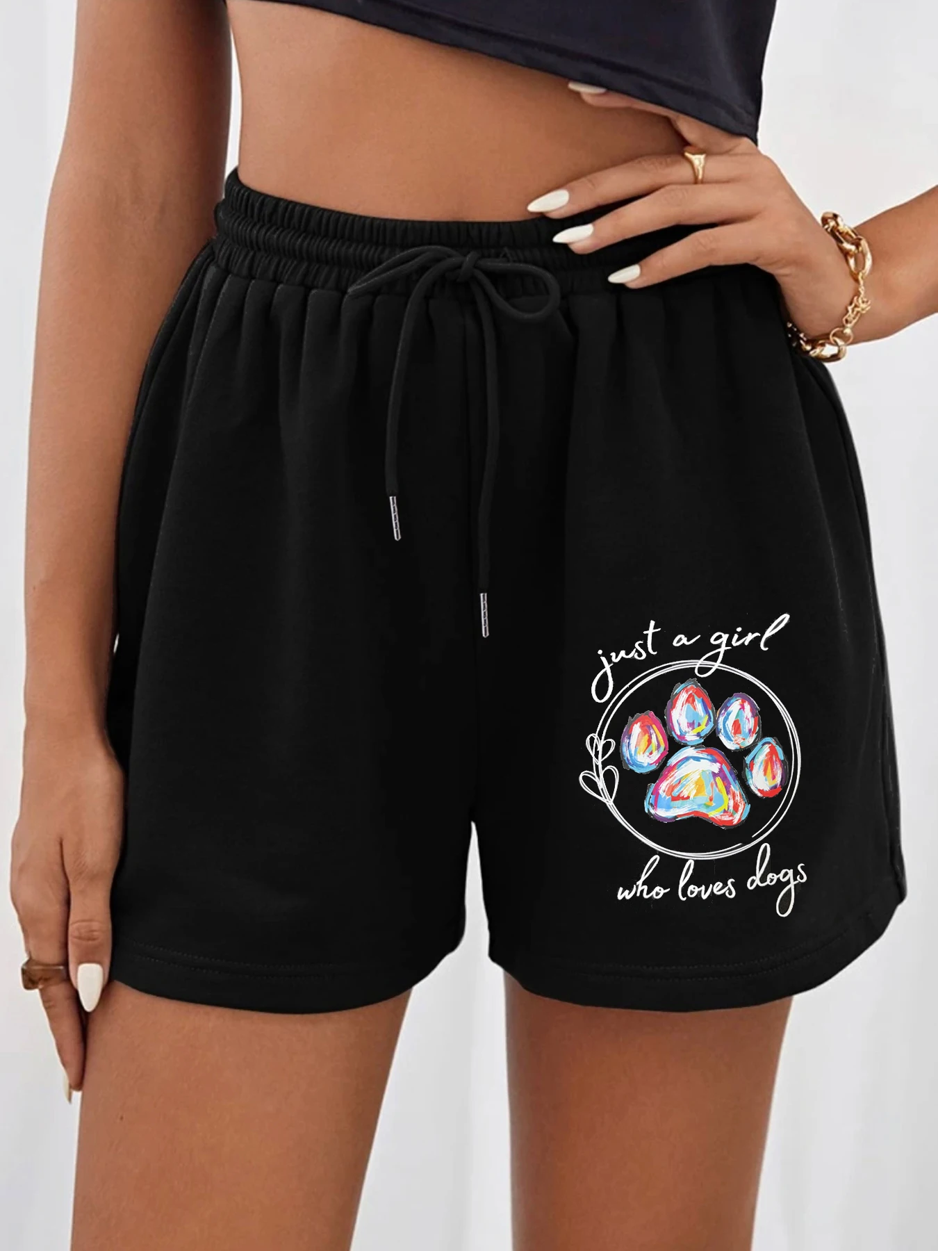 XUANSHOW Just a Girl Who Love Dogs Paw Printed Summer Shorts Drawstring Elastic Waist Shorts Casual Shorts