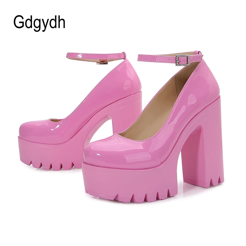 Gdgydh Pink Platform Mary Jane Shoes Chunky Heeled Ankle Strap Pumps Y2K Revival Dress Party Shoes Women Stable Walking