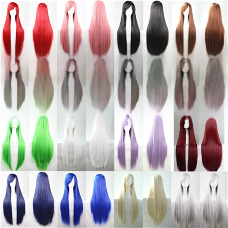 Syntetyczne peruki do włosów dla kobiet Cosplay Peruka 80 cm Prosta długa jasnofioletowa peruka z grzywką Różowy Czerwony Niebieski Blond Brązowy Czarny Zielony — zdjęcie 2