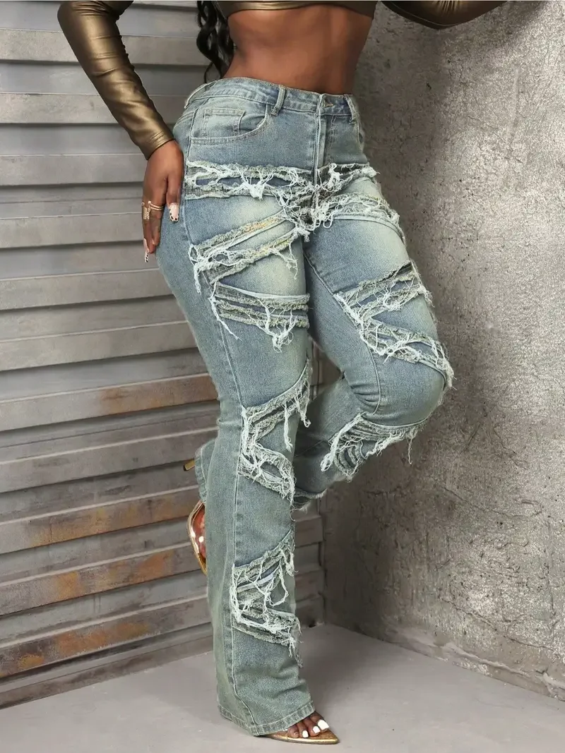 Y2k 90s rua bolso inclinado algodão alto elástico angustiado cru desgastado único borla design retalhos hip hop jeans festival de música