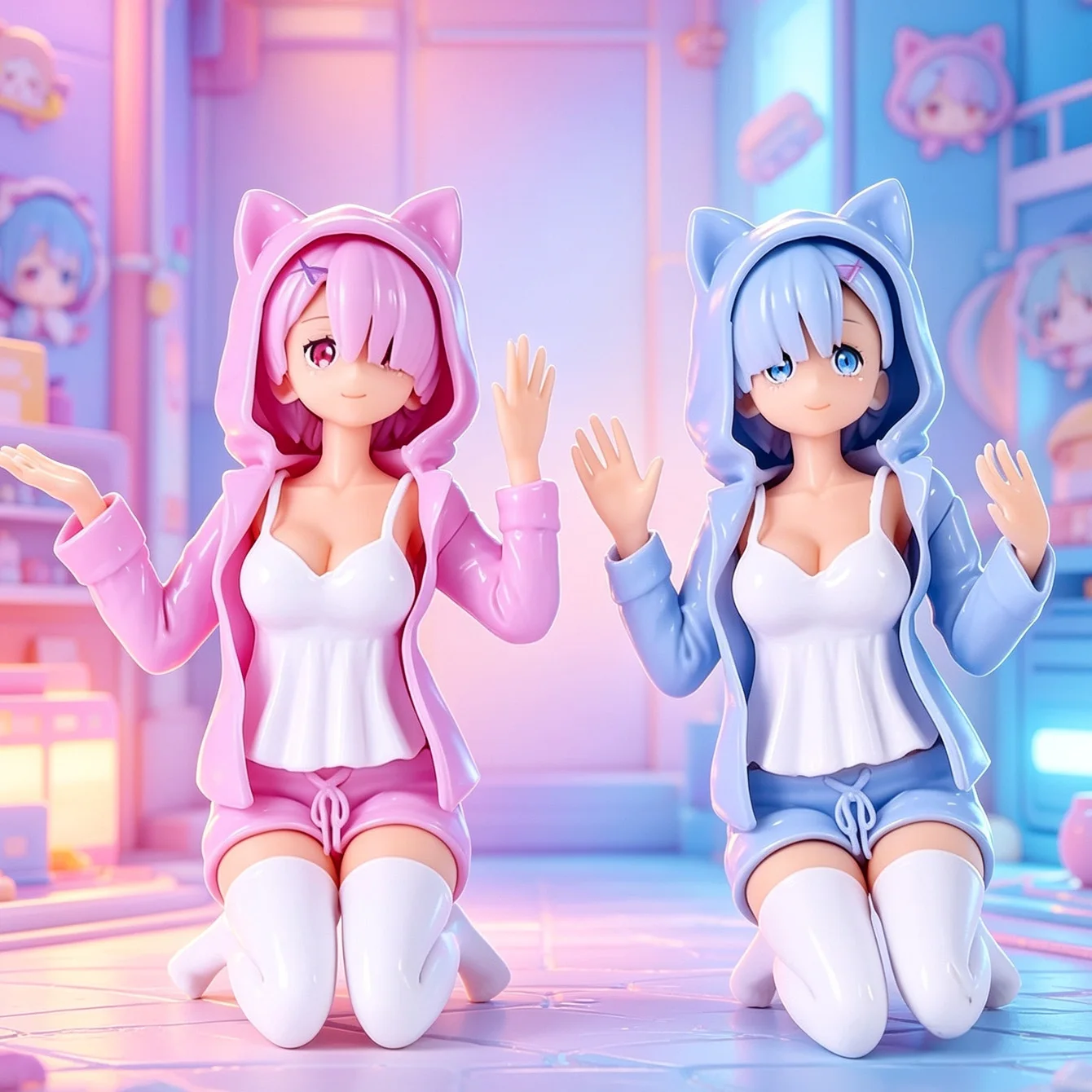 Figuras Coleccionables Rem y Ram – Tema Re:Zero, Estilo Gatos Hermanas Gemelas, Set de Estatuas de PVC Premium para Exhibición y Colección