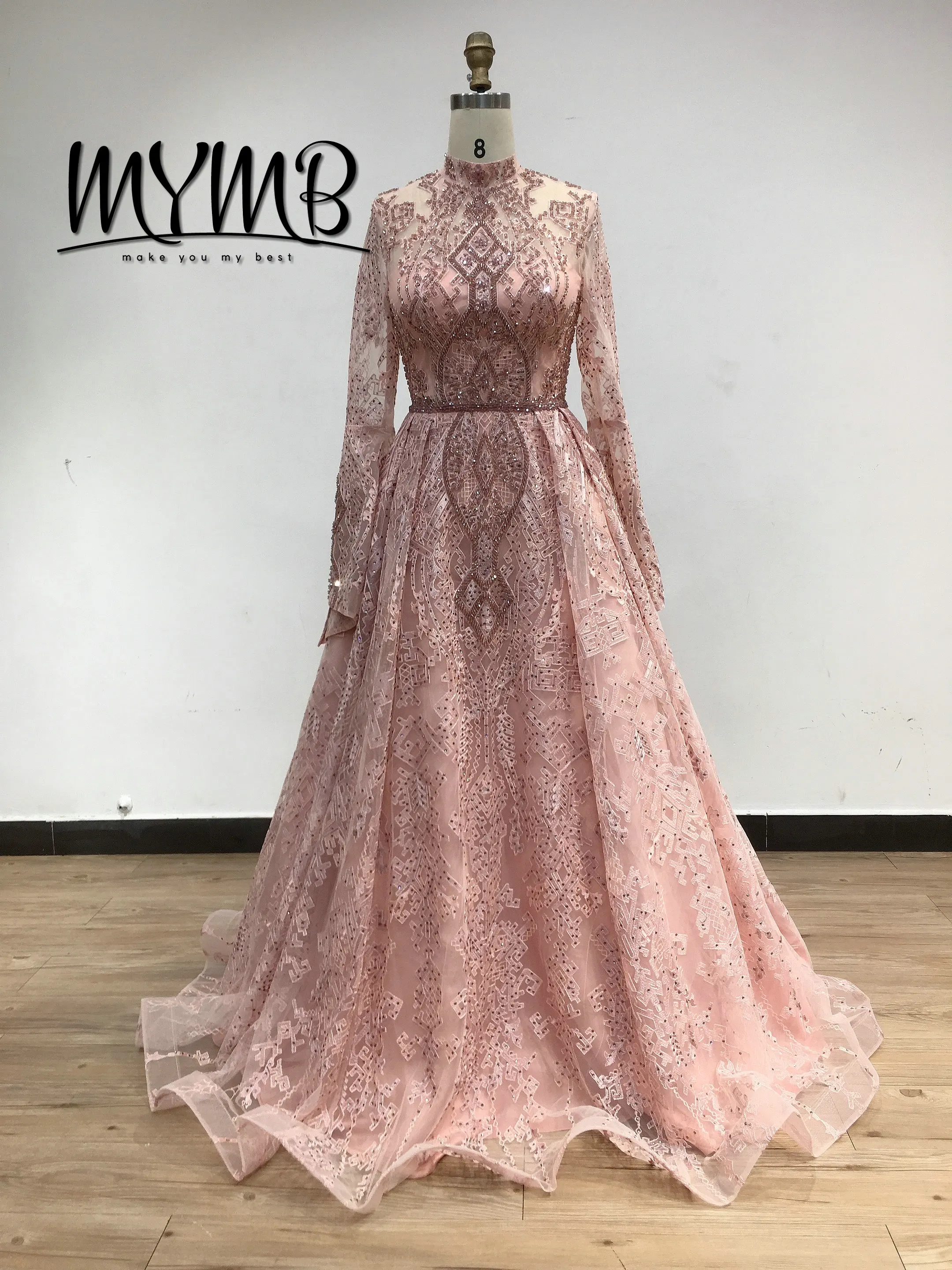 MYMB Elegant A-Line Evening Wear Dresses High Neck Muslim Long Sleeves Dubai Abaric Foemal Dinner Party Gowns for Women DWS2056