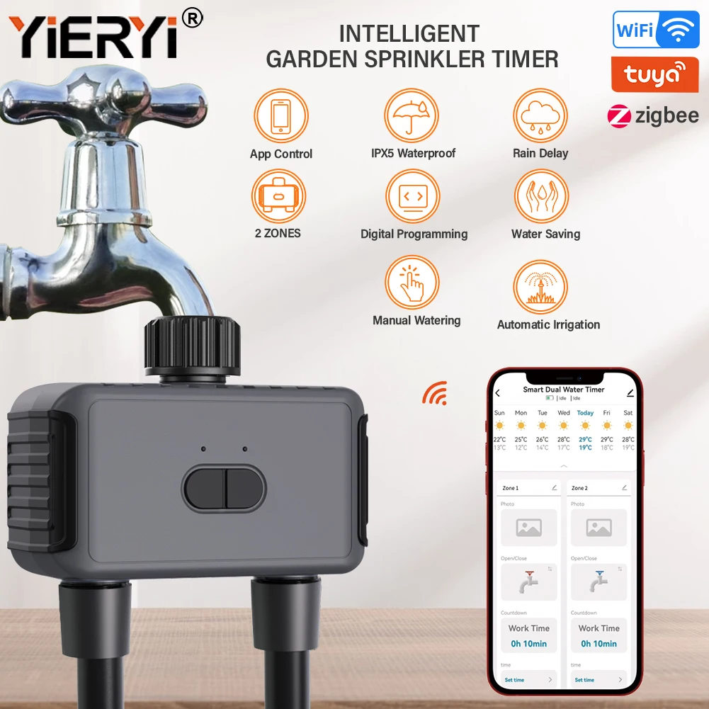 Yieryi Smart Garden Sprinkler Timer WiFi App Control IPX5 Waterproof Dual Zones Automatic Irrigation Rain Delay for Plants Lawns