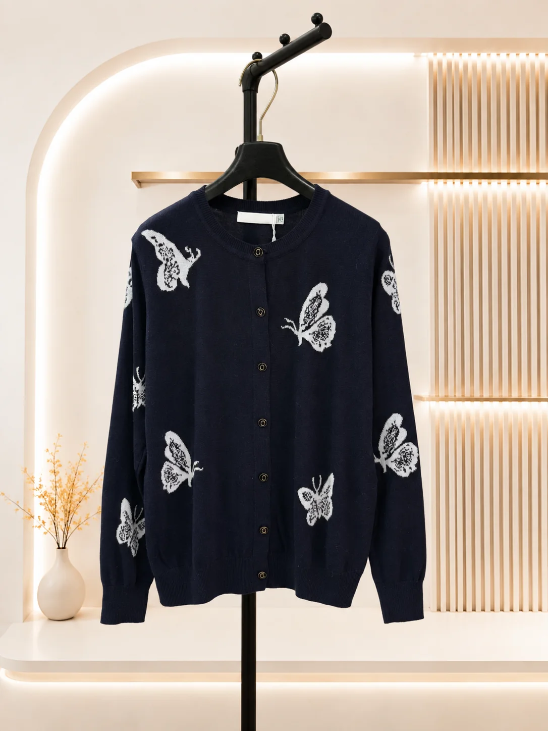 2026 Women Knitwear Crew Neck Butterfly Jacquard Cardigan Front Button Closure Ribbed Hem Cuff