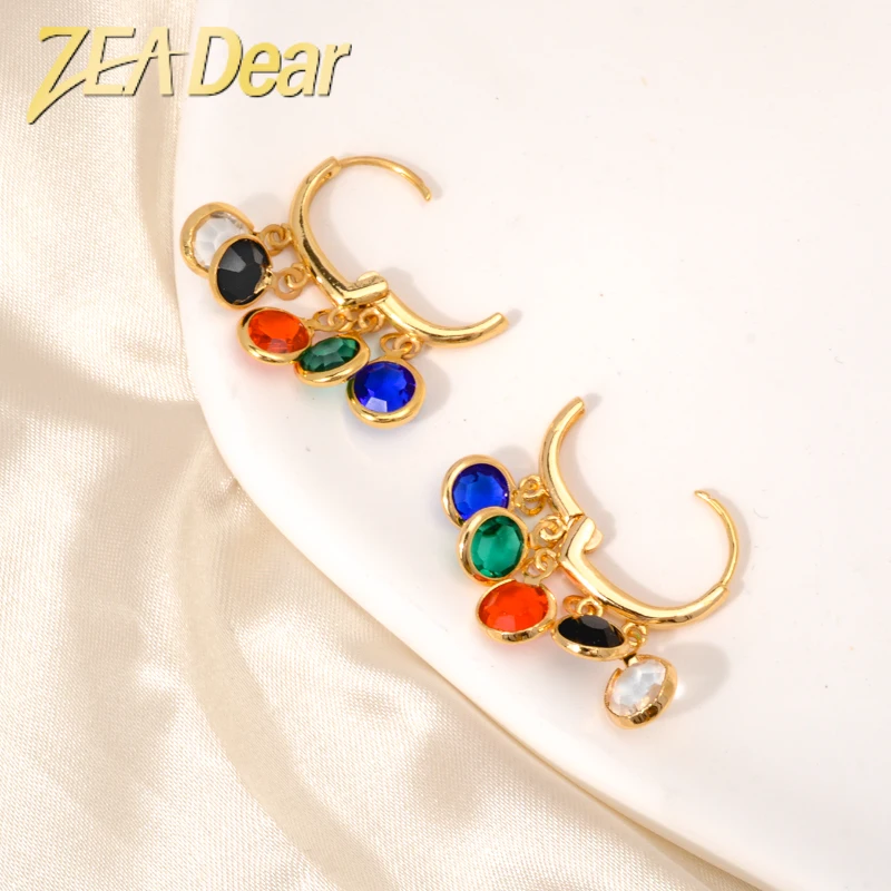 ZEADear Jewelry 18K Gold Plated Multicolor Zircon Huggie Hoop Earrings Ear Piercing Women Vintage Romantic Jewellery Accessories