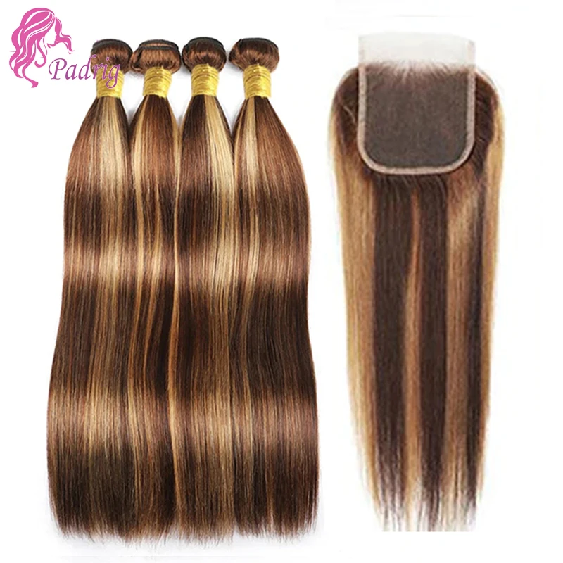 3/4 PCS Highlight Piano Color Silky Straight Virgin Human Hair Bundles With 4x4 Free Part Lace Closure In One Set 65g/PC