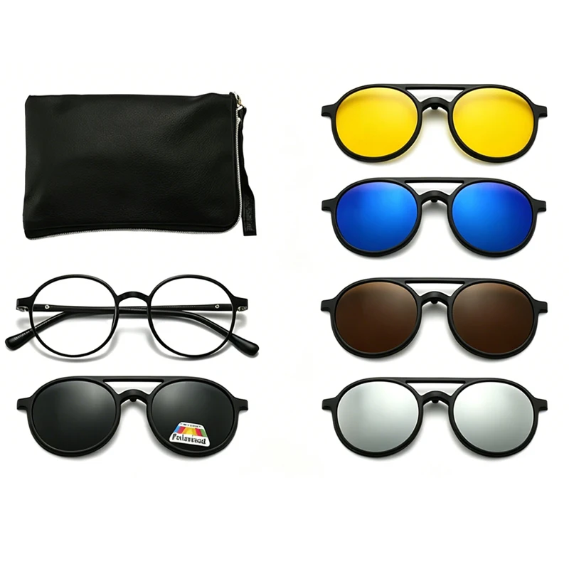 5-in-1 Polarisierte Clip-On Sonnenbrille, Magnetischer Optischer Rahmen mit Nachtsichtgläsern, UV400-Schutz für Männer & Frauen