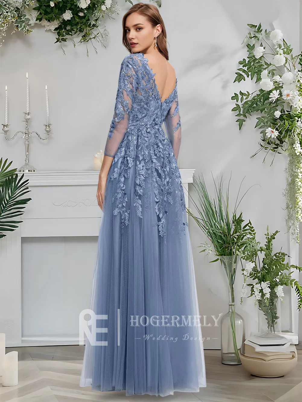 Bを入力してください ​ イブニングドレス スレートブルー Aライン Vネック チュール レース プロムドレス 2025 マキシレングス スパンコール付き 7/4スリーブ ウェディングパーティー フォーマル